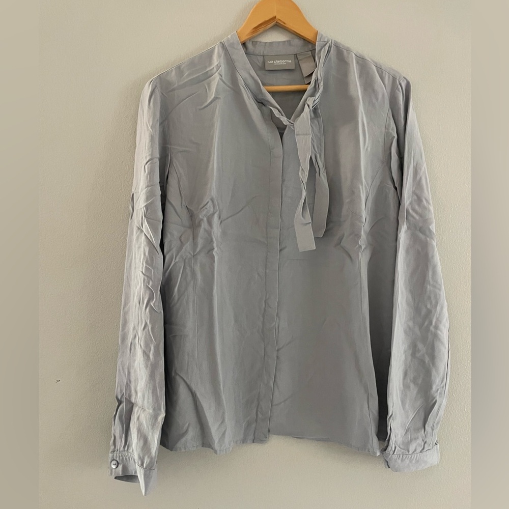 Liz Claiborne Collection Gray Silk Blouse with Neck Tie